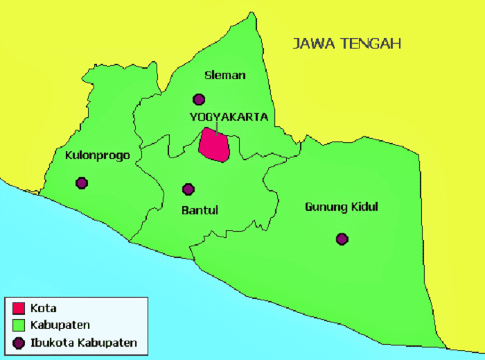 Peta yogyakarta pembagian lokasi kabupaten geografis wisata